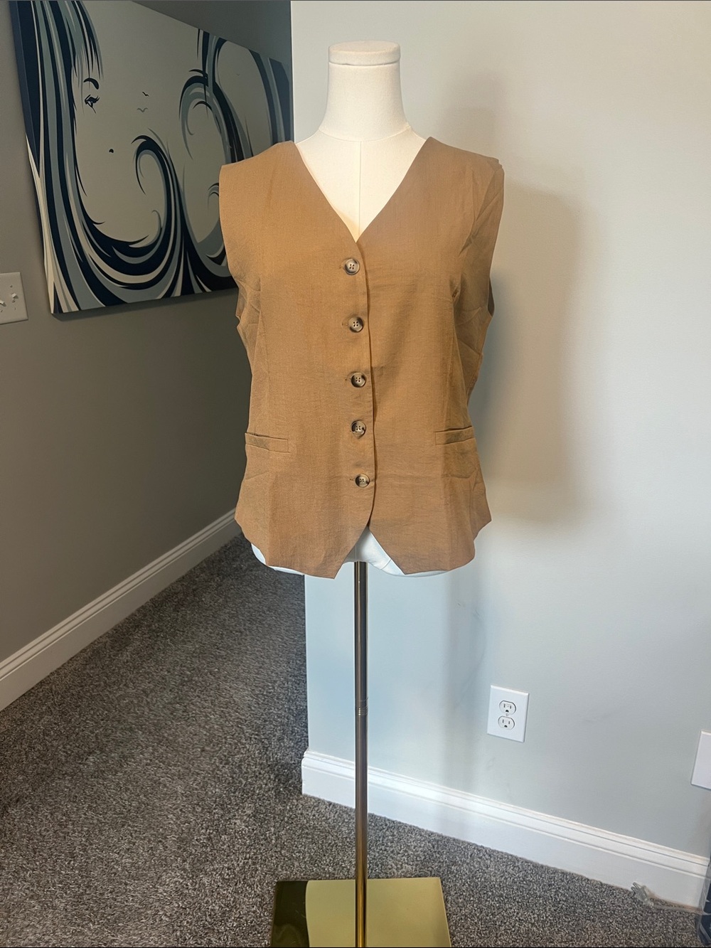 Tailored Sleeveless Vest in Camel Brown - Women's Button-Front